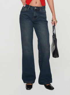 side view of model wearing Princess Polly Cybele Mid Rise Straight Leg Jeans Dark Denim Mid Rise Jeans Jeans 