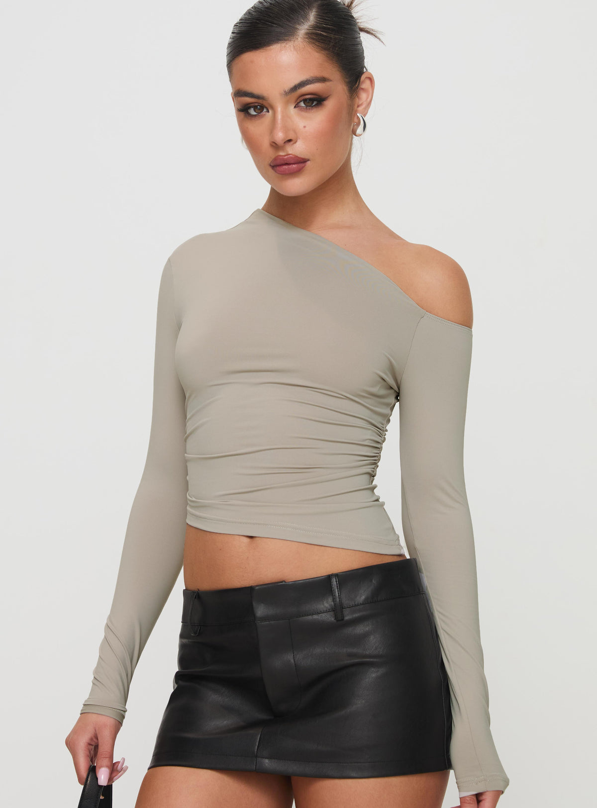 back view of model wearing Princess Polly Unplugged Long Sleeve Top Grey Full Sleeves Asymmetric Neckline 