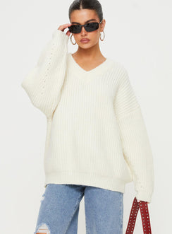 front view of model wearing Princess Polly Jem Oversized Sweater Cream Longline Jumpers Jumpers 