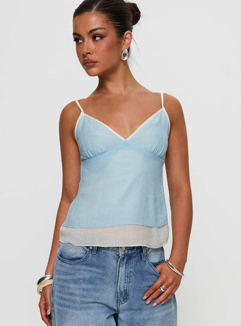 front view of model wearing Princess Polly Majorie Layered Top Blue / Cream Sleeveless V-Neck 