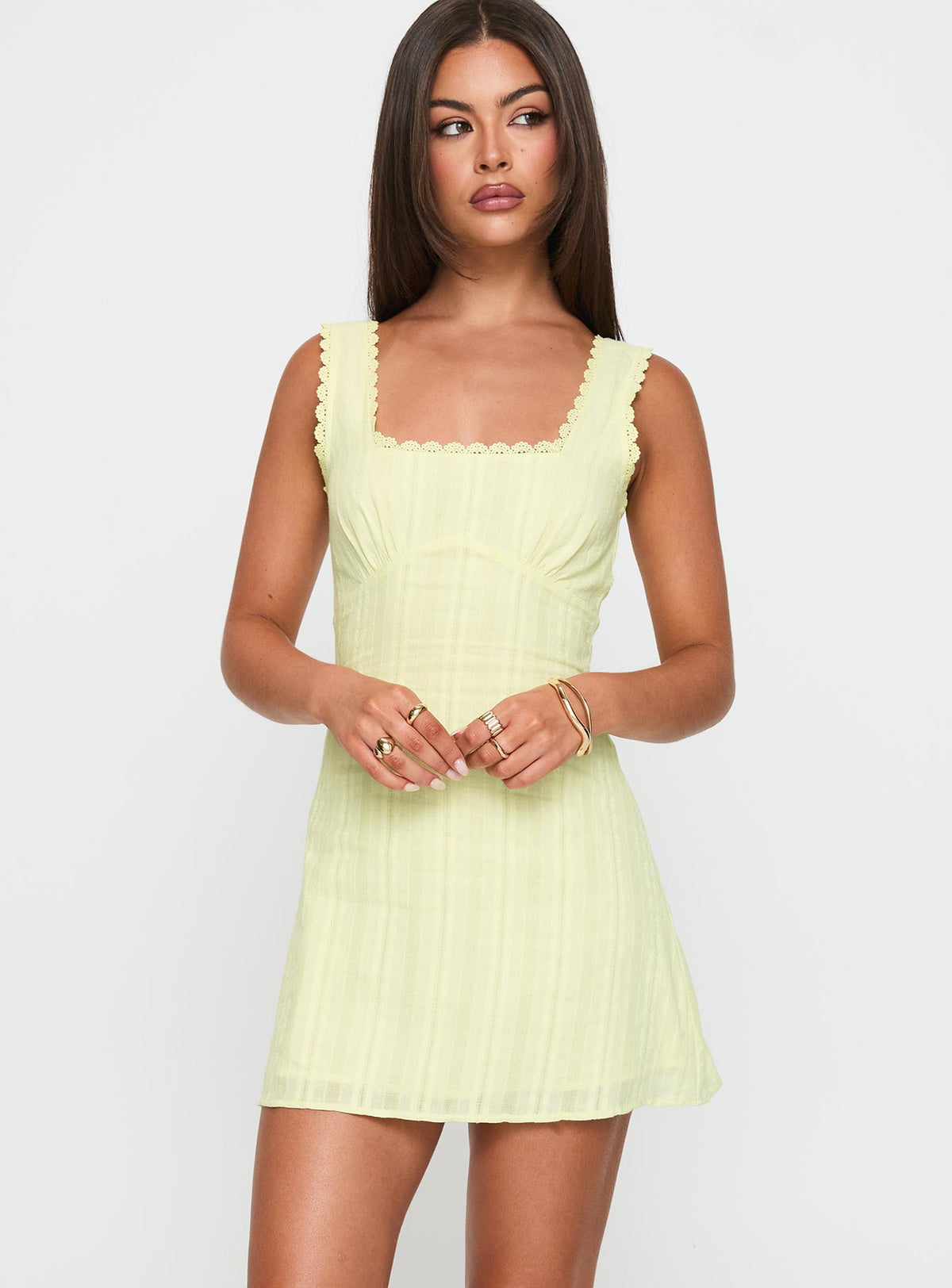 front view of model wearing Princess Polly Dasha Mini Dress Lemon Square Neck 