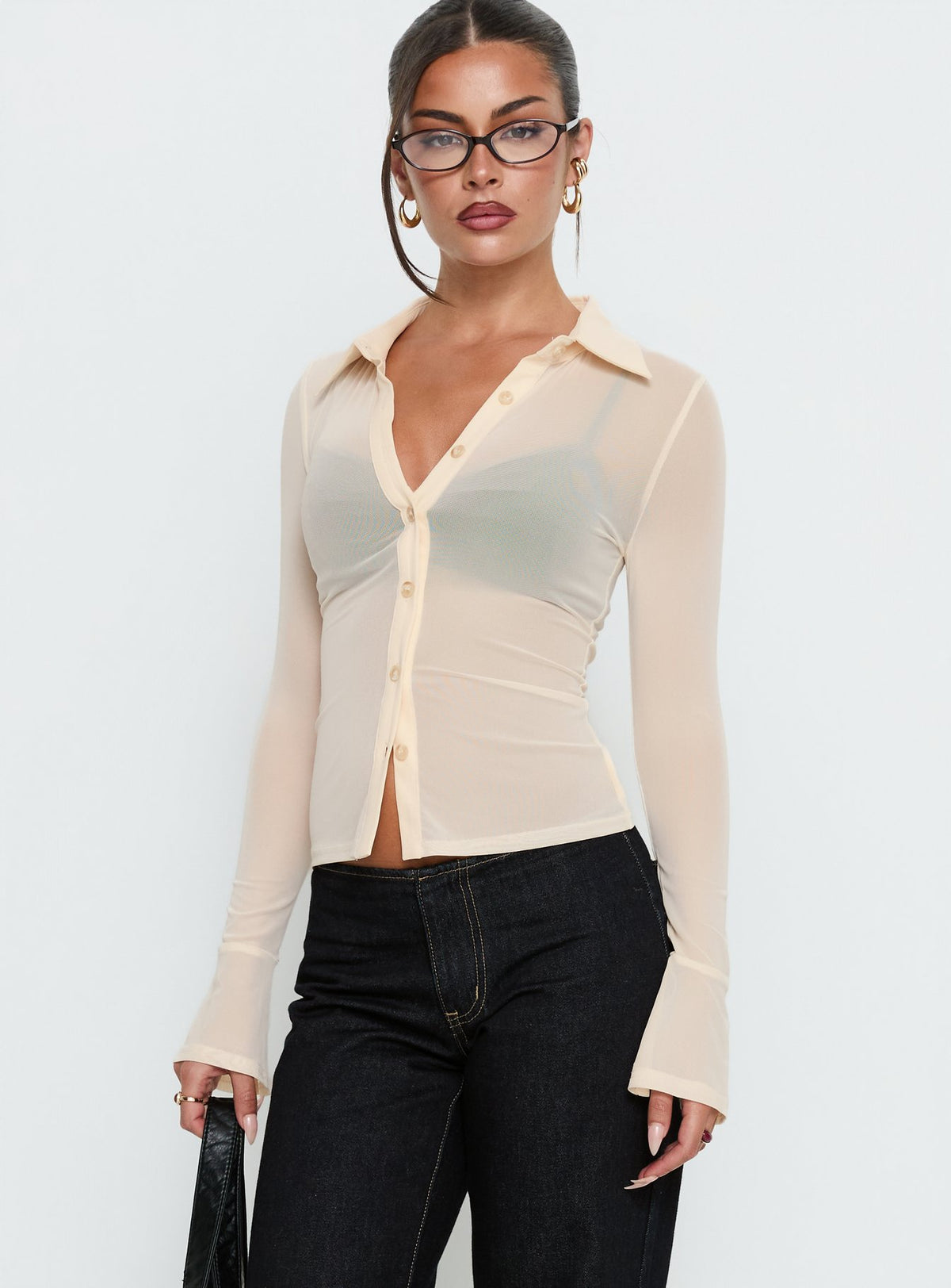 Two Of Us Sheer Long Sleeve Top Cream