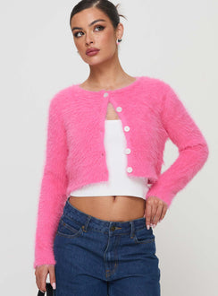 front view of model wearing Princess Polly Just A Girl Cardigan Pink cropped Jumpers 