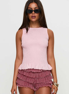 front view of model wearing Princess Polly Chauntelle Ruched Top Pink Sleeveless Crew Neck 