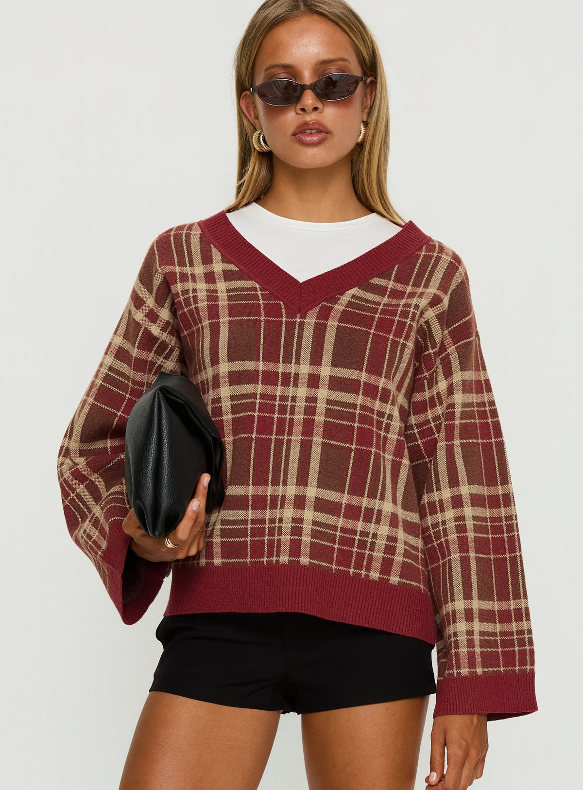 front view of model wearing Princess Polly Sydda V Neck Knit Sweater Red Plaid Cropped Jumpers Jumpers 