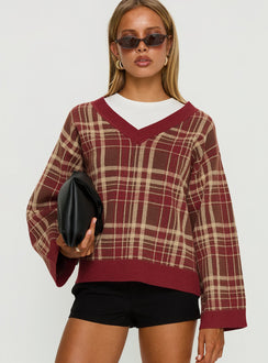 front view of model wearing Princess Polly Sydda V Neck Knit Sweater Red Plaid Cropped Jumpers Jumpers 
