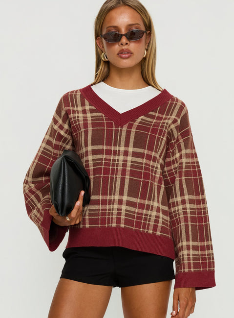 front view of model wearing Princess Polly Sydda V Neck Knit Sweater Red Plaid Cropped Jumpers Jumpers 