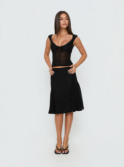 Introducing the Quani Lace Midi Skirt Black womens-skirts with fitted silhouette front view of model wearing Princess Polly