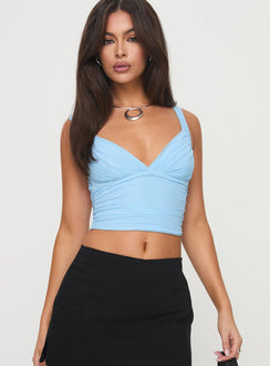 front view of model wearing Princess Polly Landine Top Blue Sleeveless Plunger 