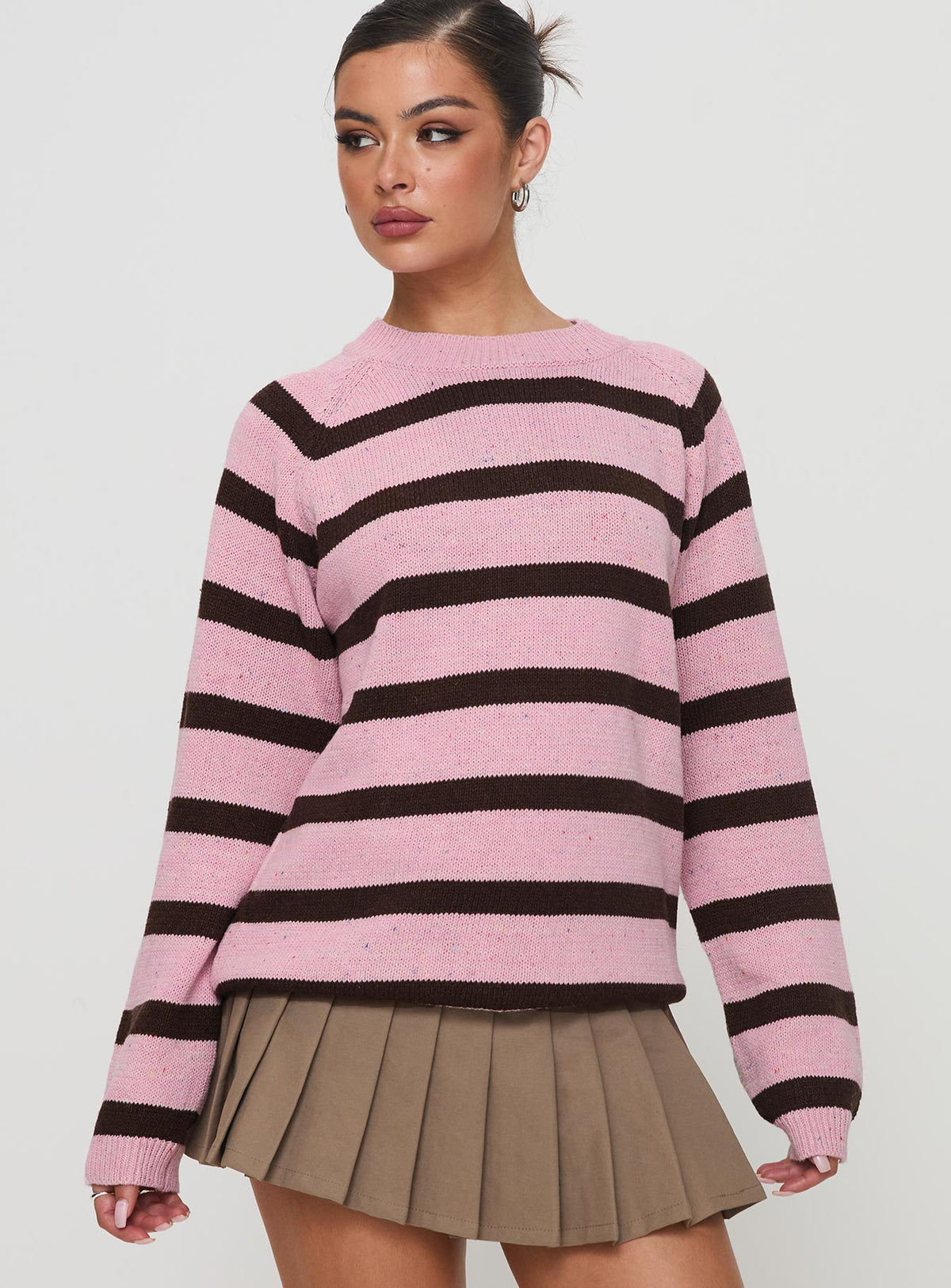 front view of model wearing Princess Polly Jacquette Knit Sweater Pink / Brown Longline Jumpers Jumpers 