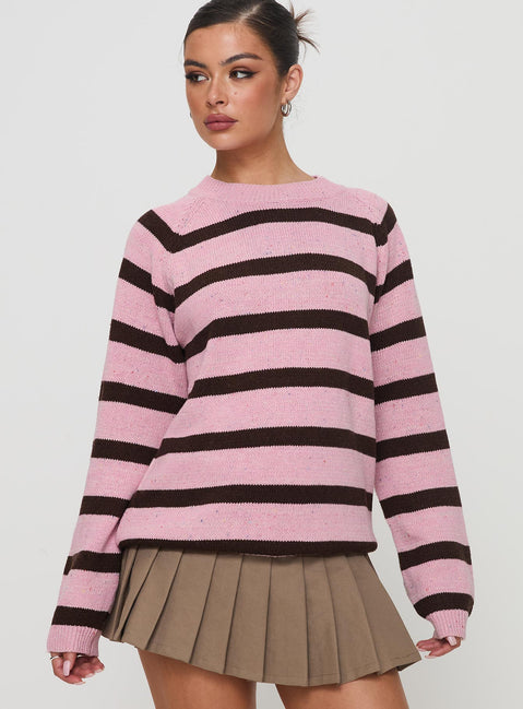 front view of model wearing Princess Polly Jacquette Knit Sweater Pink / Brown Longline Jumpers Jumpers 