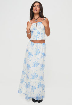   front view of model wearing Princess Polly Modern Girl Maxi Skirt White / Blue Floral Maxi Skirts Skirts 