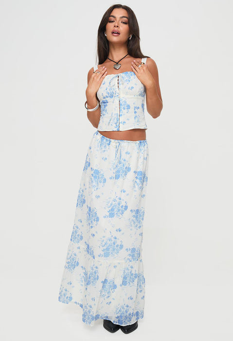   front view of model wearing Princess Polly Modern Girl Maxi Skirt White / Blue Floral Maxi Skirts Skirts 