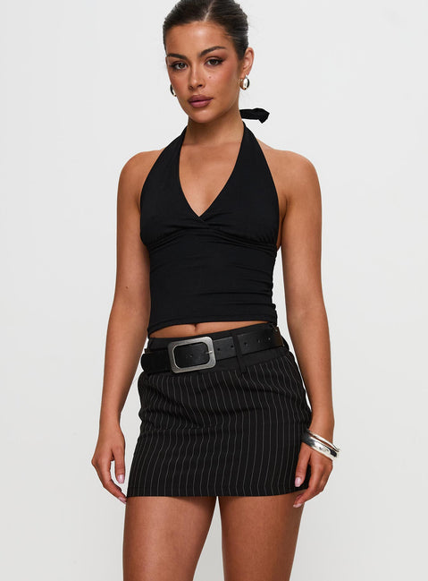 back view of model wearing Princess Polly Christel Pinstripe Skort Black Mini Skirts Skirts 