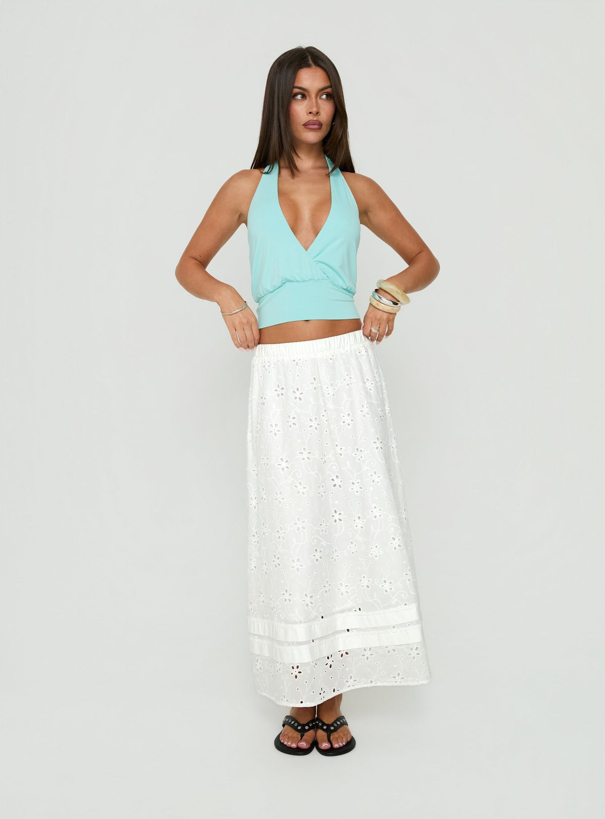 Showcasing the Isolie Tiered Maxi Skirt White Anglaise in womens-skirts crafted with a relaxed fit and lace hem front view of model wearing Princess Polly