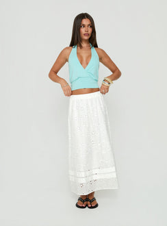 Showcasing the Isolie Tiered Maxi Skirt White Anglaise in womens-skirts crafted with a relaxed fit and lace hem front view of model wearing Princess Polly