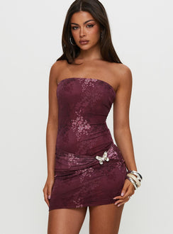 back view of model wearing Princess Polly Luxurie Strapless Mini Dress Multi Straight Neck 
