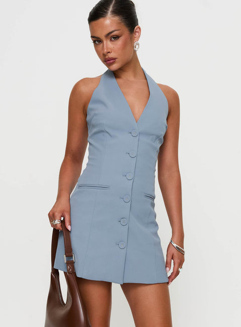 side view of model wearing Princess Polly Vyxen Halter Mini Dress Blue V-Neck 