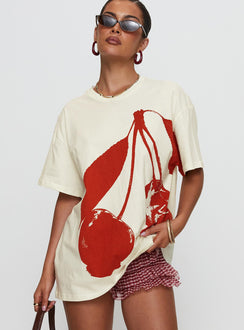 front view of model wearing Princess Polly Cherrie Amore Oversized Tee White Half Sleeves Crew Neck 