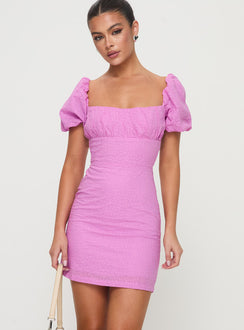 side view of model wearing Princess Polly Tanami Mini Dress Pink Square Neck 