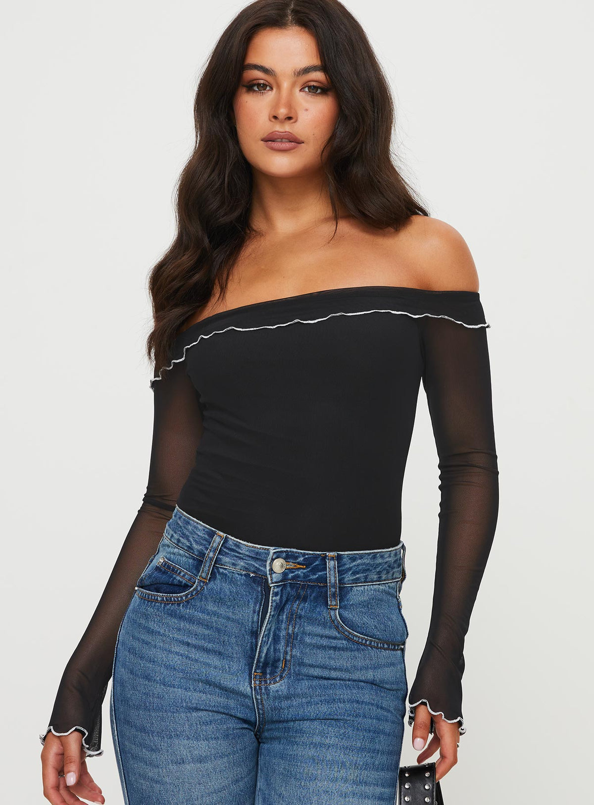 front view of model wearing Princess Polly Arsema Off The Shoulder Bodysuit Black Long Sleeve Tops Bodysuit 