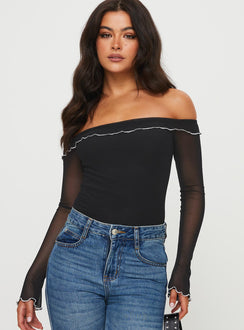 front view of model wearing Princess Polly Arsema Off The Shoulder Bodysuit Black Long Sleeve Tops Bodysuit 