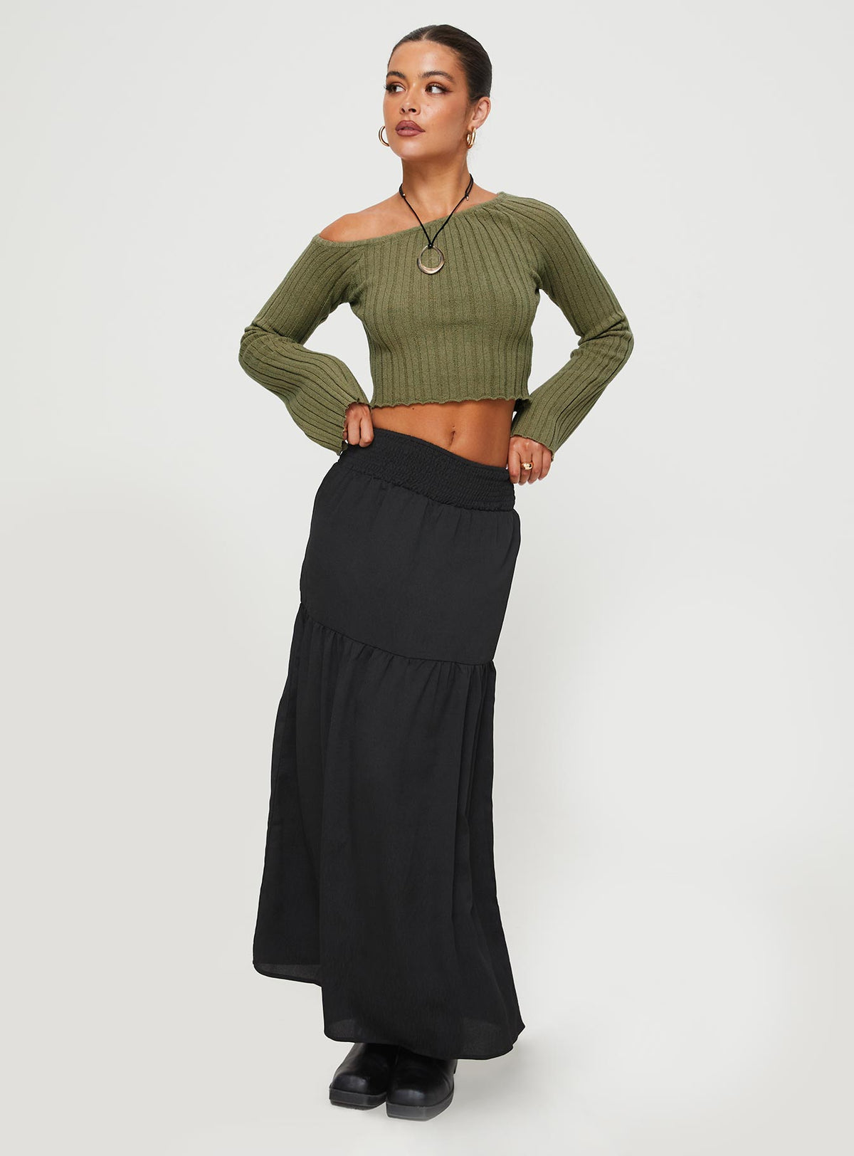 Front view of model wearing  front Dion Maxi Skirt Black Princess Polly  Maxi 