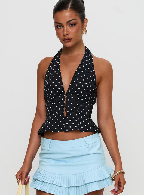 side view of model wearing Princess Polly Pleasing Top Polka Dot Sleeveless Plunger 