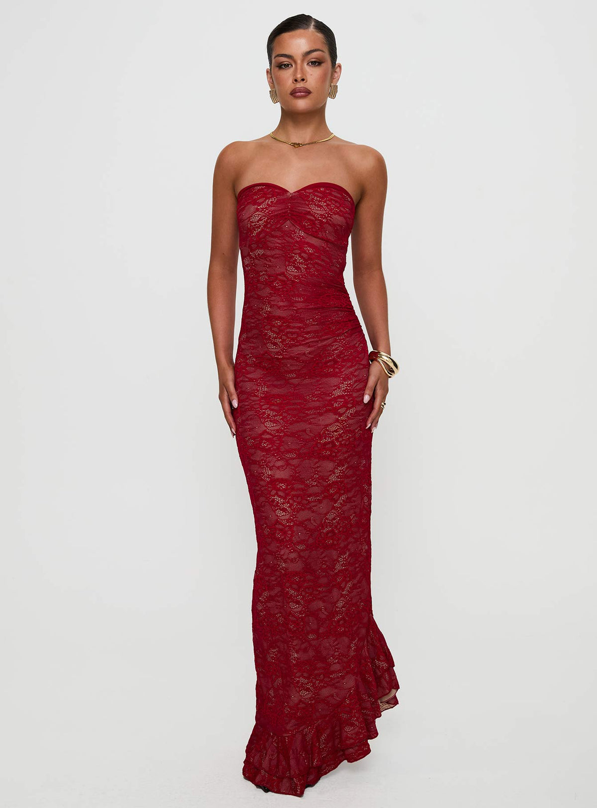 front view of model wearing Princess Polly Hailees Lace Strapless Maxi Dress Red Sweetheart Neckline 