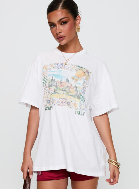 front view of model wearing Princess Polly Love From Tuscany Oversized Graphic Top White Half Sleeves Crew Neck 