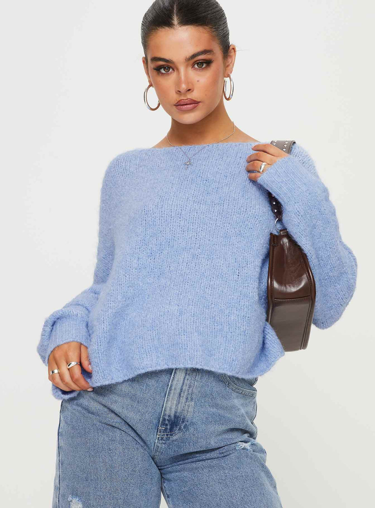 back view of model wearing Princess Polly Ramy Sweater Blue Cropped Jumpers Jumpers 
