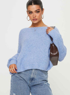 back view of model wearing Princess Polly Ramy Sweater Blue Cropped Jumpers Jumpers 