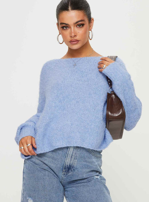 back view of model wearing Princess Polly Ramy Sweater Blue Cropped Jumpers Jumpers 