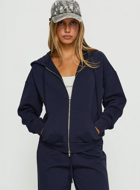 front view of model wearing Princess Polly All Day Oversized Hoodie Navy cropped Jumpers 