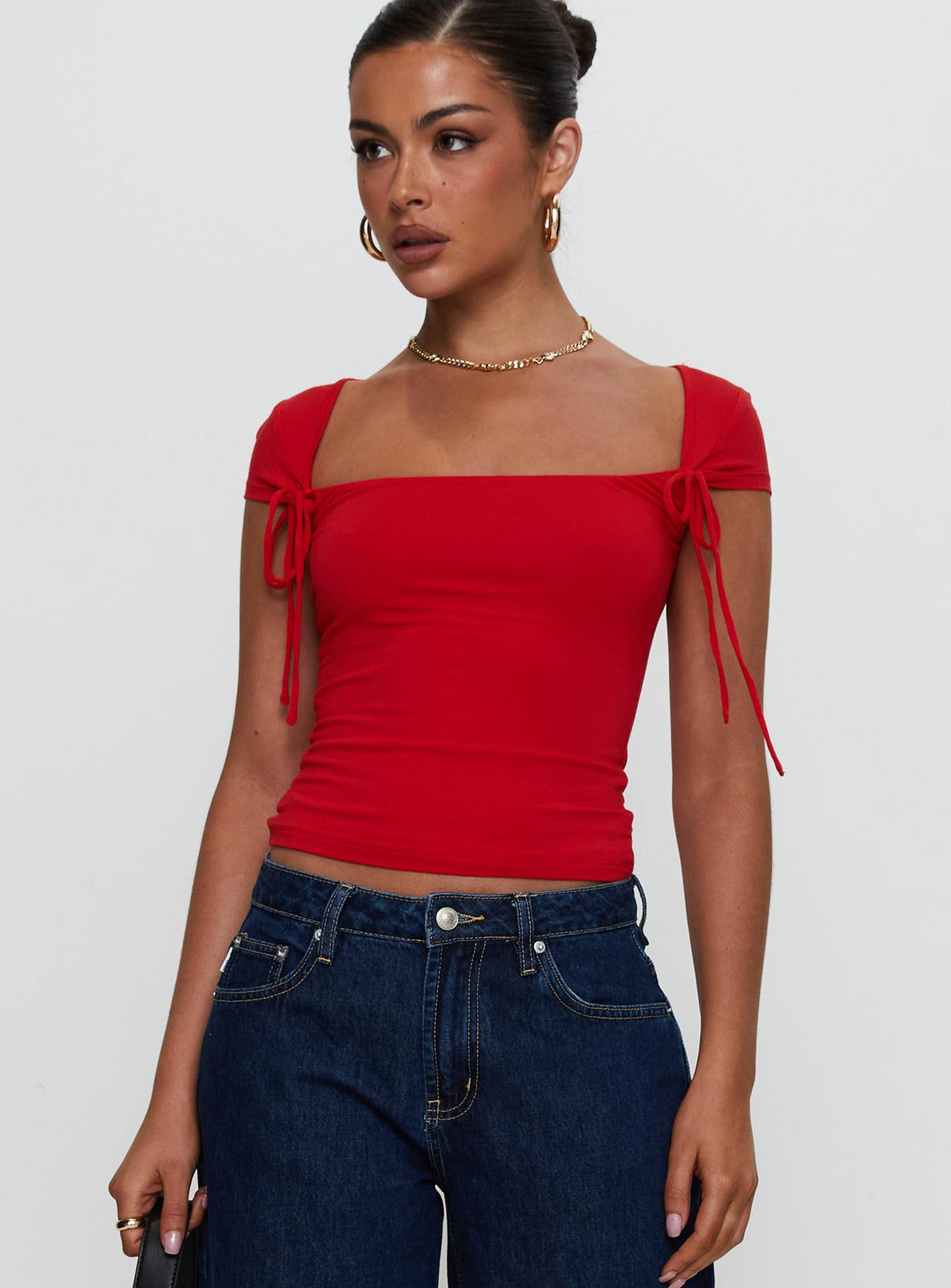 front view of model wearing Princess Polly Daena Tie Detail Top Red Short Sleeves Square Neck 