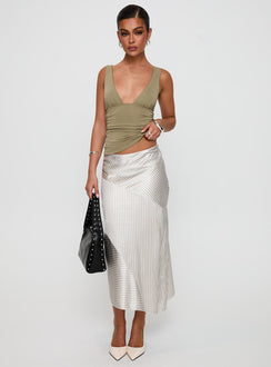  side view of model wearing Princess Polly Priscella Asymmetrical Midi Skirt Multi Midi Skirts Skirts 