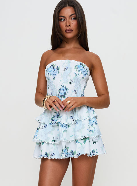 front view of model wearing Princess Polly Sunkiss Frill Mini Dress White / Blue Petite Straight Neck 