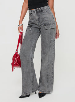 side view of model wearing Princess Polly Chad High Rise Flared Cargo Jeans Washed Grey Mid Rise Jeans Jeans 