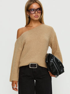 Featuring the Delyn Off Shoulder Slouchy Knit Sweater Camel womens jumper with short length front view of model wearing Princess Polly