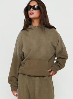 Featuring the AT Pullover Oversized Hoodie Washed Olive in womens-jumpers with long fit side view of model wearing Princess Polly