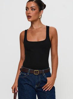front view of model wearing Princess Polly Baseline Rib Bodysuit Black Sleeveless Bodysuit 