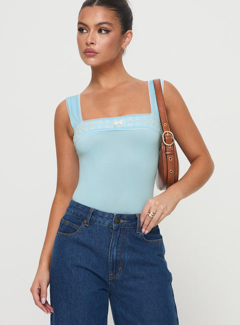 front view of model wearing Princess Polly Keating Bodysuit Baby Blue Sleeveless Bodysuit 
