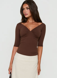 Daily Define Off Shoulder V Neck Top Brown