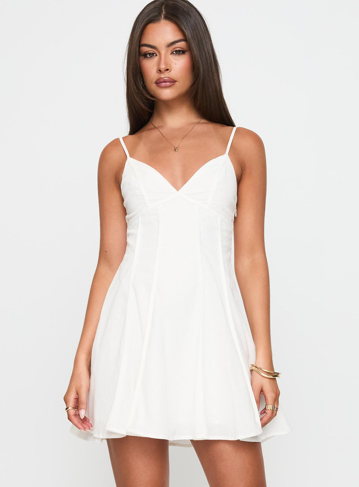 front view of model wearing Princess Polly Libertie Pleat Mini Dress White V-Neck 