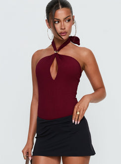 front view of model wearing Princess Polly Bridey Cut Out Bodysuit Red Sleeveless Bodysuit 