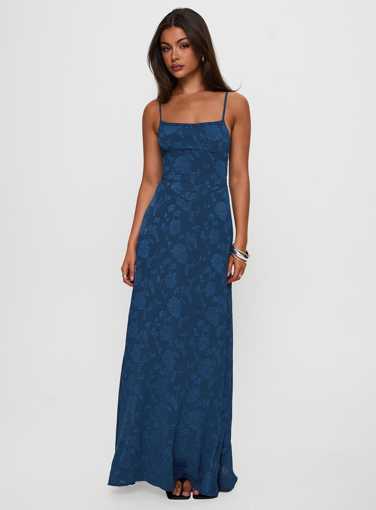 front view of model wearing Princess Polly South Of France Maxi Dress Navy Square Neck 