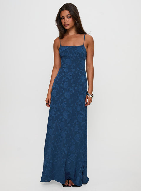 front view of model wearing Princess Polly South Of France Maxi Dress Navy Square Neck 