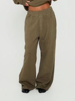 Featuring the AT Fleece Baggy Sweatpant Washed Olive in womens-regular-pants with mid-rise wide-leg cut product Princess Polly