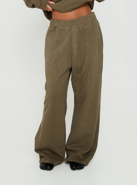 Featuring the AT Fleece Baggy Sweatpant Washed Olive in womens-regular-pants with mid-rise wide-leg cut product Princess Polly