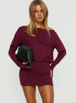 Jesselyn Long Sleeve Off Shoulder Mini Dress Burgundy